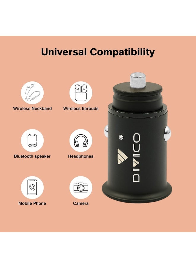 DIVICO A3004 Car Charger 12V–24V Input, Dual USB Fast Charging Output, Zinc Alloy Body, Compact 43.5 x 20.4 x 34.3mm, 31.5g Lightweight, Black - Image 2